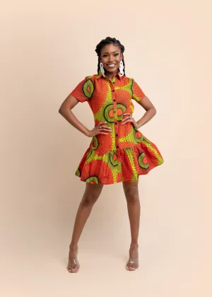 Anuah African Print Dress (Orange-Lime Green)