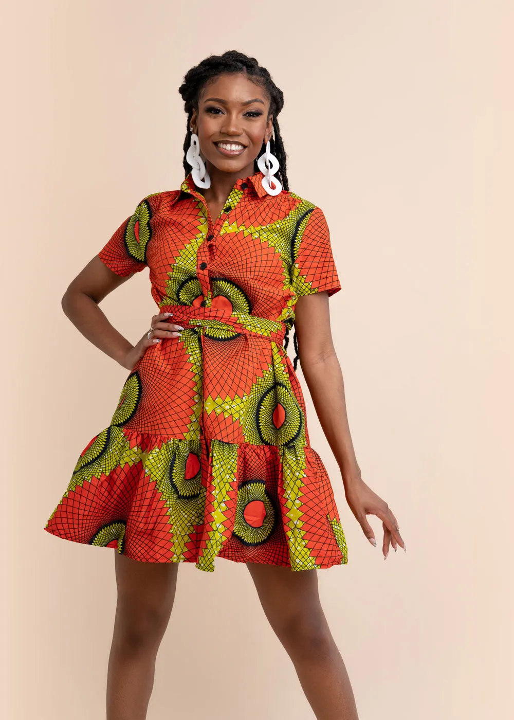 Anuah African Print Dress (Orange-Lime Green)