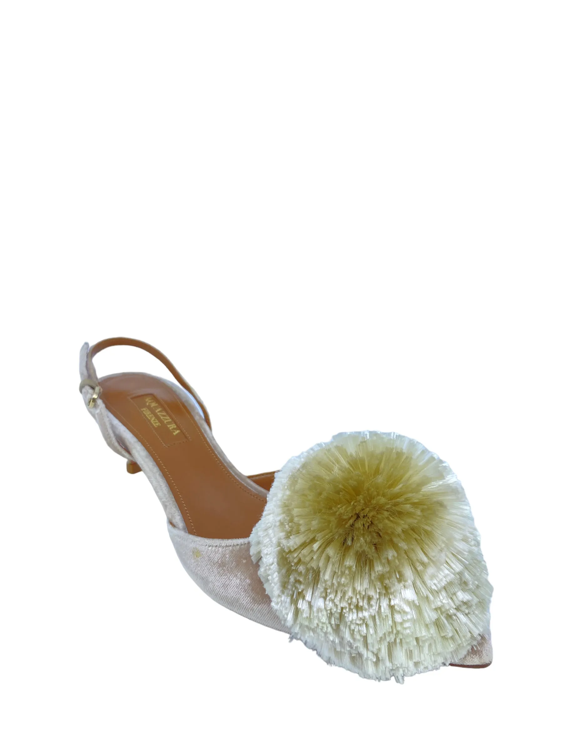 Aquazzura Powder Puff Pompom-Embellished Slingback Pumps in Light Grey Velvet size IT 35