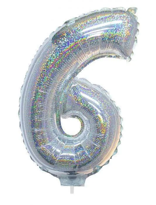 Balloon on Stick - 16" Silver Number 6 - Holographic