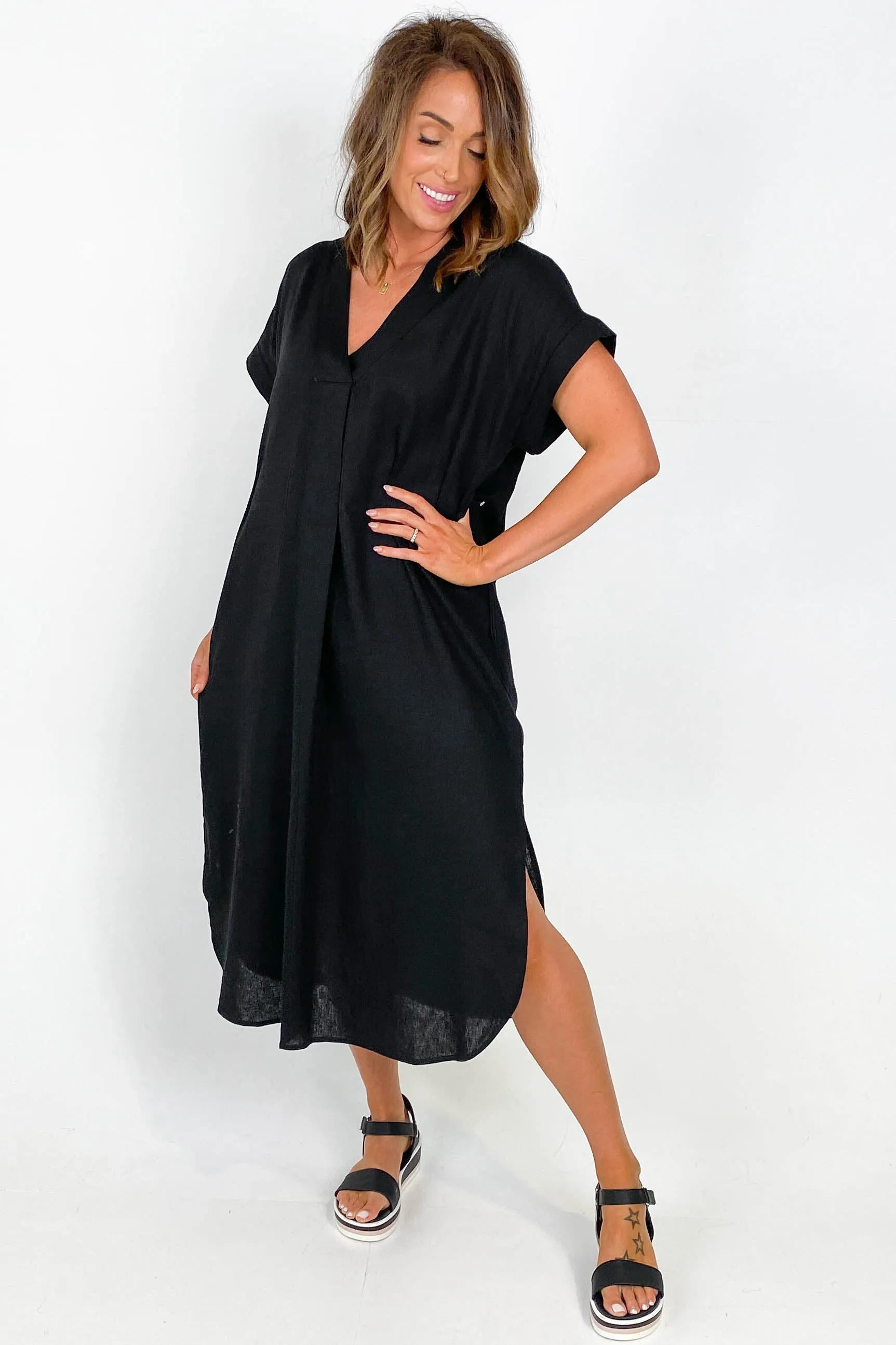 Betty Basics Roma Linen Dress Black