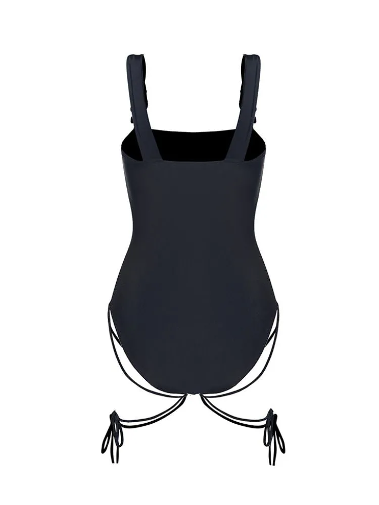 Black Lace-up One-Piece Swimsuit - Women's