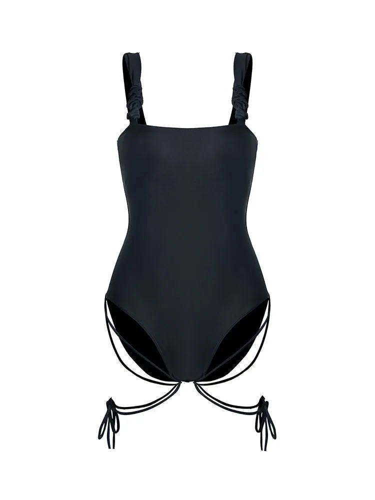 Black Lace-up One-Piece Swimsuit - Women's