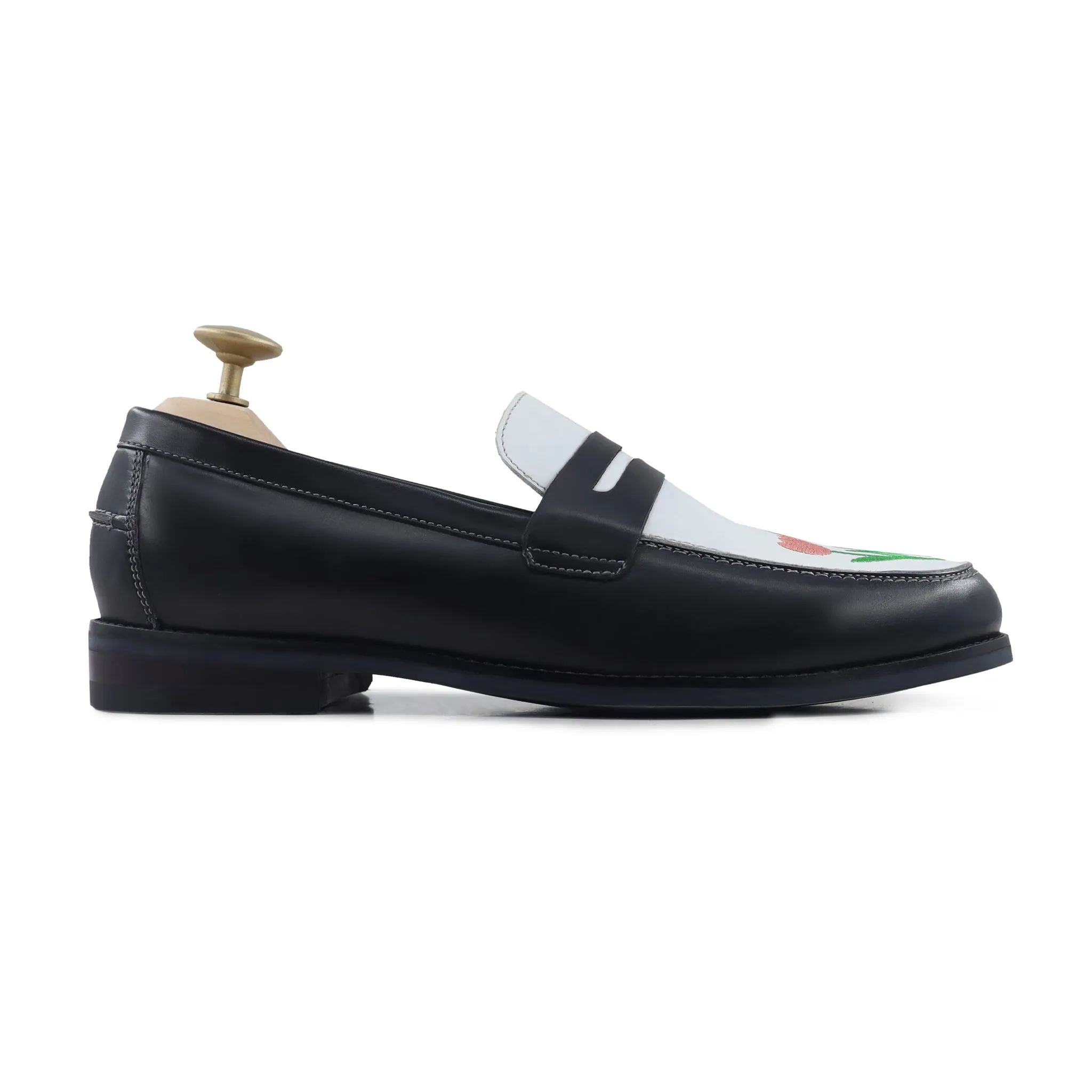 Boulia - Men's Black and White Calf Leather Loafer (Tulip Embroidery)