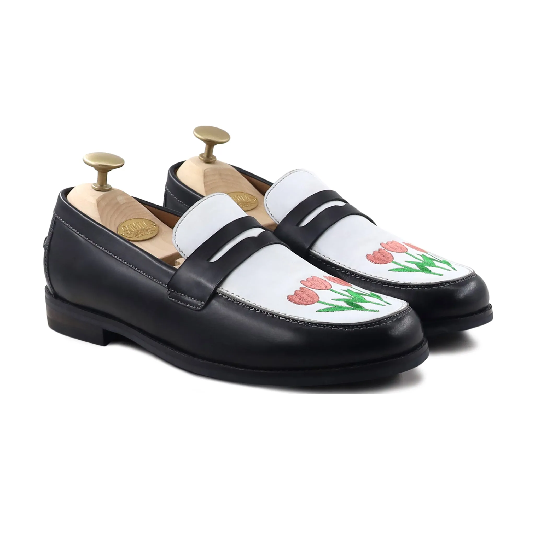 Boulia - Men's Black and White Calf Leather Loafer (Tulip Embroidery)