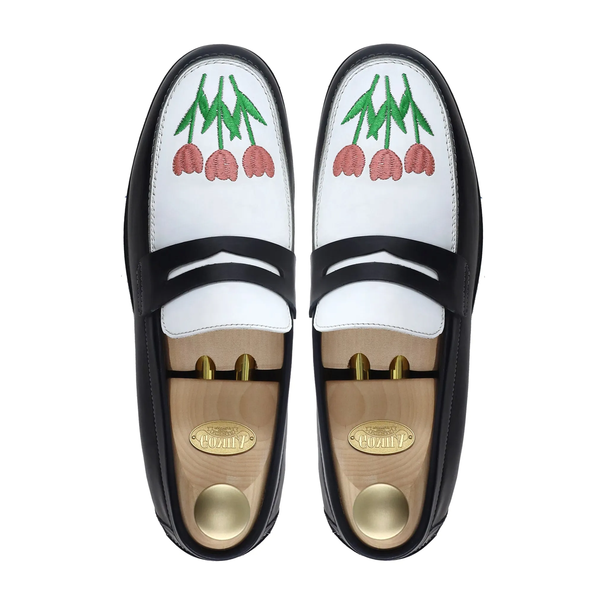 Boulia - Men's Black and White Calf Leather Loafer (Tulip Embroidery)