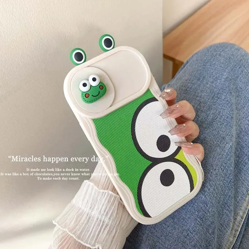 Cartoon 3D Smiley Frog - Cute Phone Cases For iPhone 15 14 Pro Max 13 12 11 14 Plus -  Slide Camera Lens  Cover