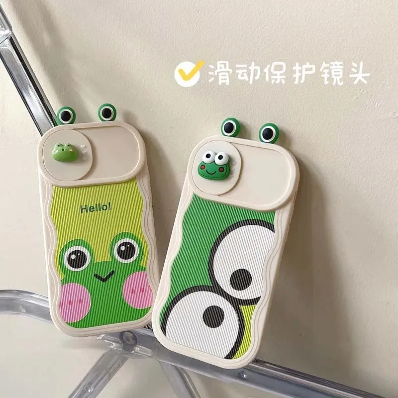 Cartoon 3D Smiley Frog - Cute Phone Cases For iPhone 15 14 Pro Max 13 12 11 14 Plus -  Slide Camera Lens  Cover