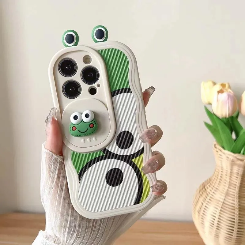 Cartoon 3D Smiley Frog - Cute Phone Cases For iPhone 15 14 Pro Max 13 12 11 14 Plus -  Slide Camera Lens  Cover