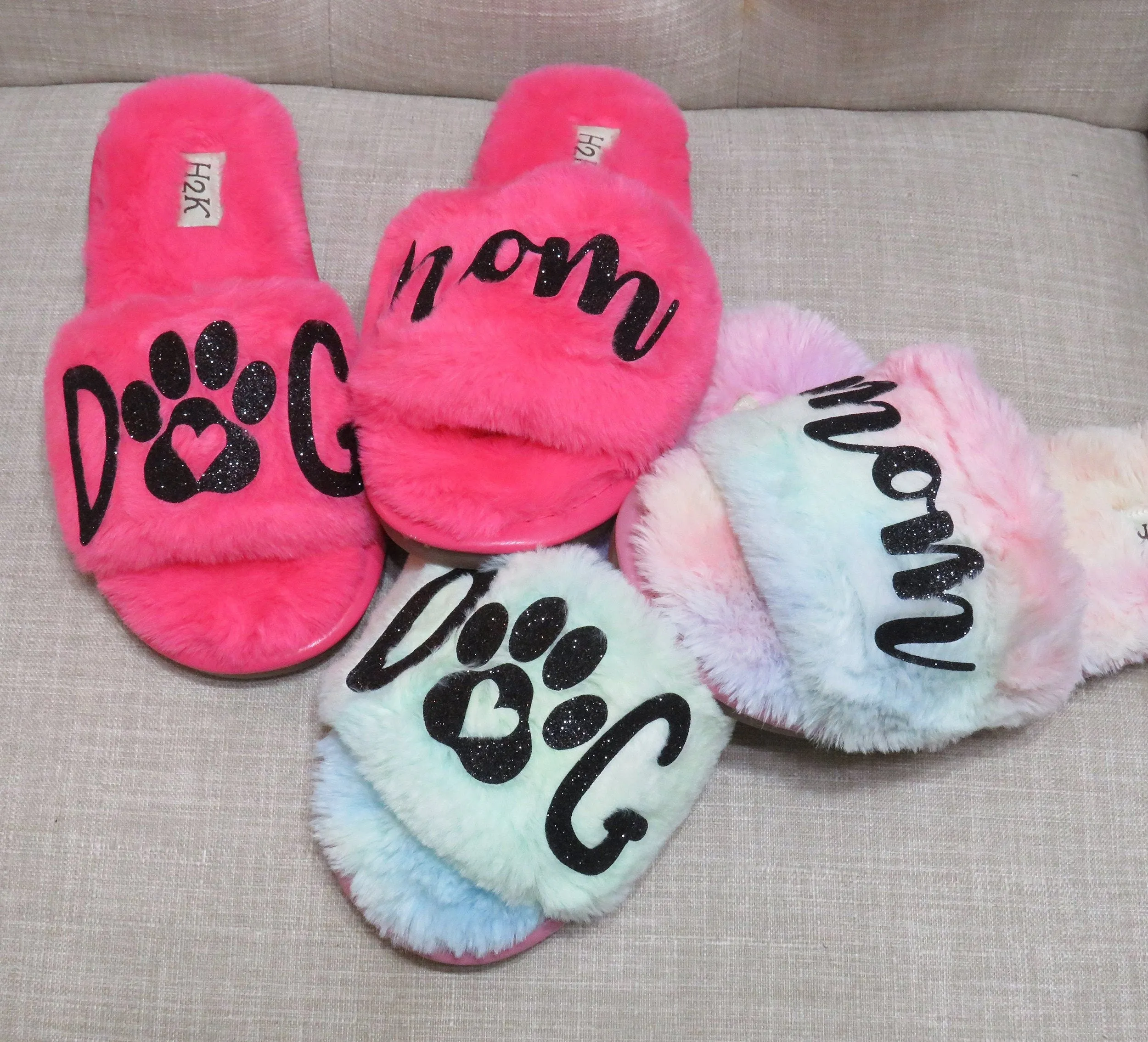 DOG MOM Fur slide /Dogmom furry shoes  Pink slide shoes