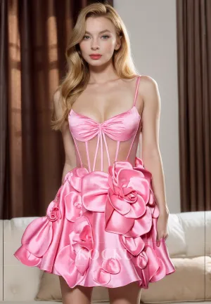 Gorgeous & Charming Flower A-Line Spaghetti Straps Satin Scoop Party Homecoming Dress