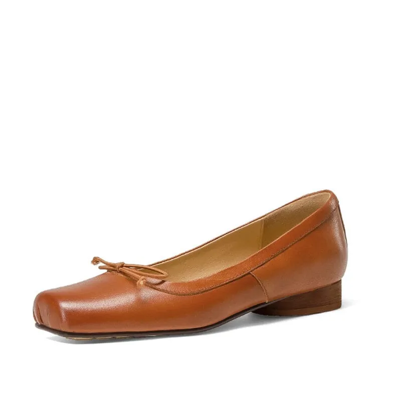 Leather Ballet Flats with Bow For Women in Black/Brown/Apricot