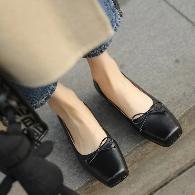 Leather Ballet Flats with Bow For Women in Black/Brown/Apricot