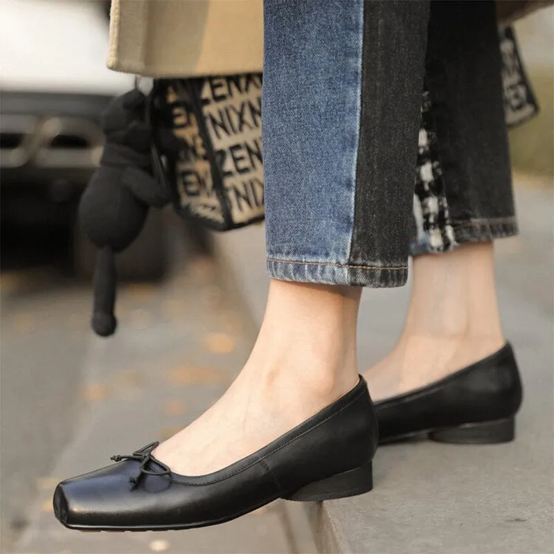 Leather Ballet Flats with Bow For Women in Black/Brown/Apricot