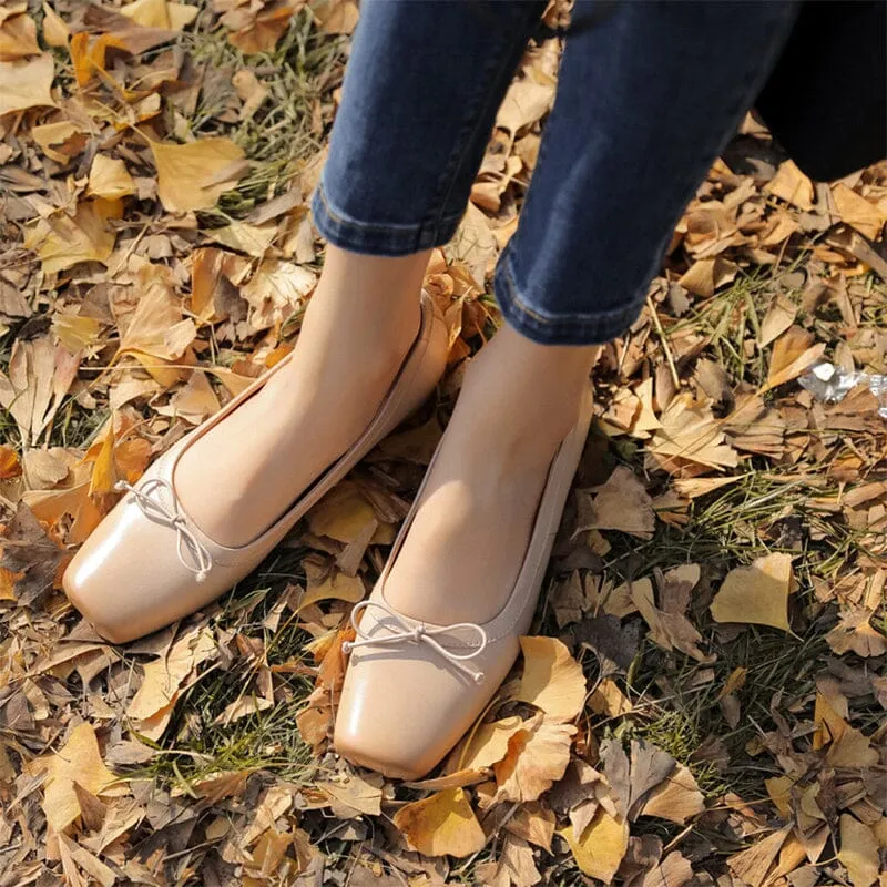 Leather Ballet Flats with Bow For Women in Black/Brown/Apricot