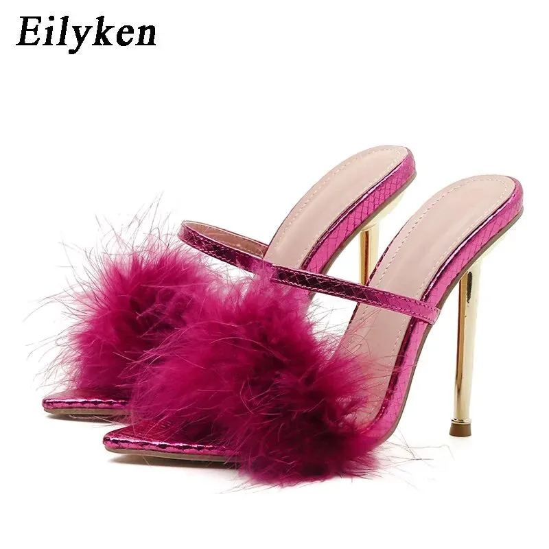 Pointed Toe Furry Slippers Ladies Sandals