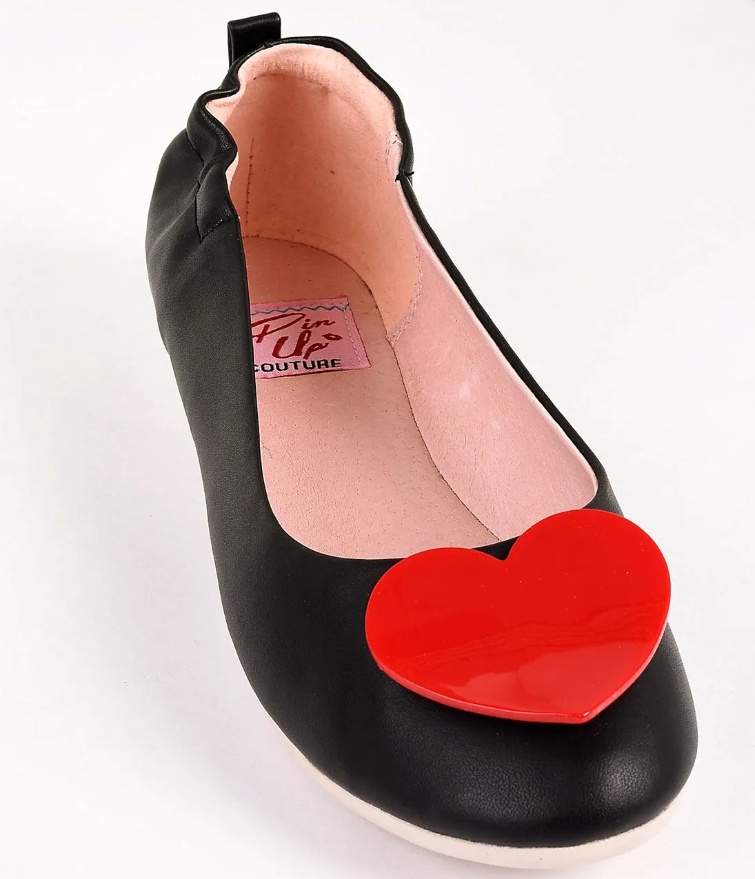 Retro Style Black Leatherette & Red Heart Ballet Flats