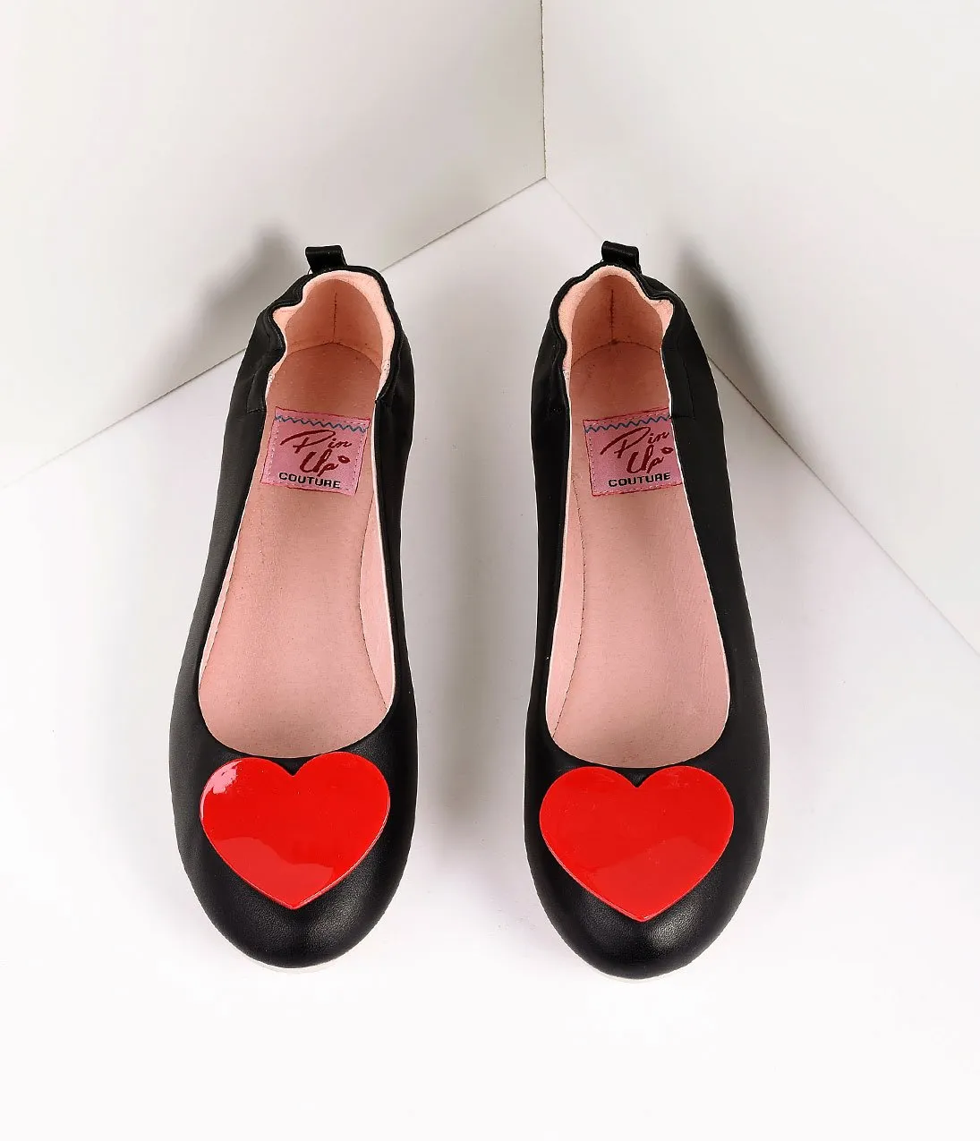 Retro Style Black Leatherette & Red Heart Ballet Flats