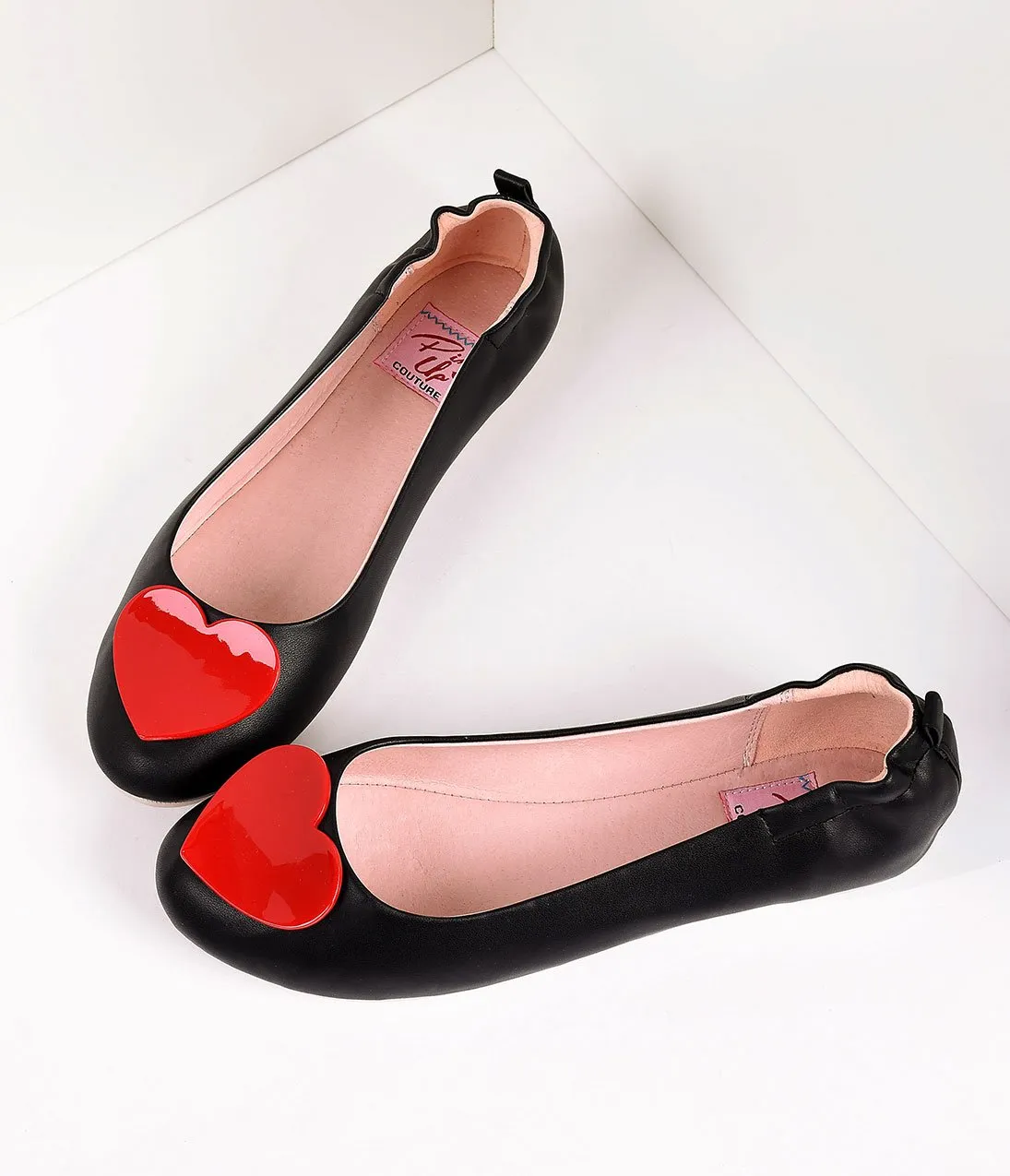 Retro Style Black Leatherette & Red Heart Ballet Flats