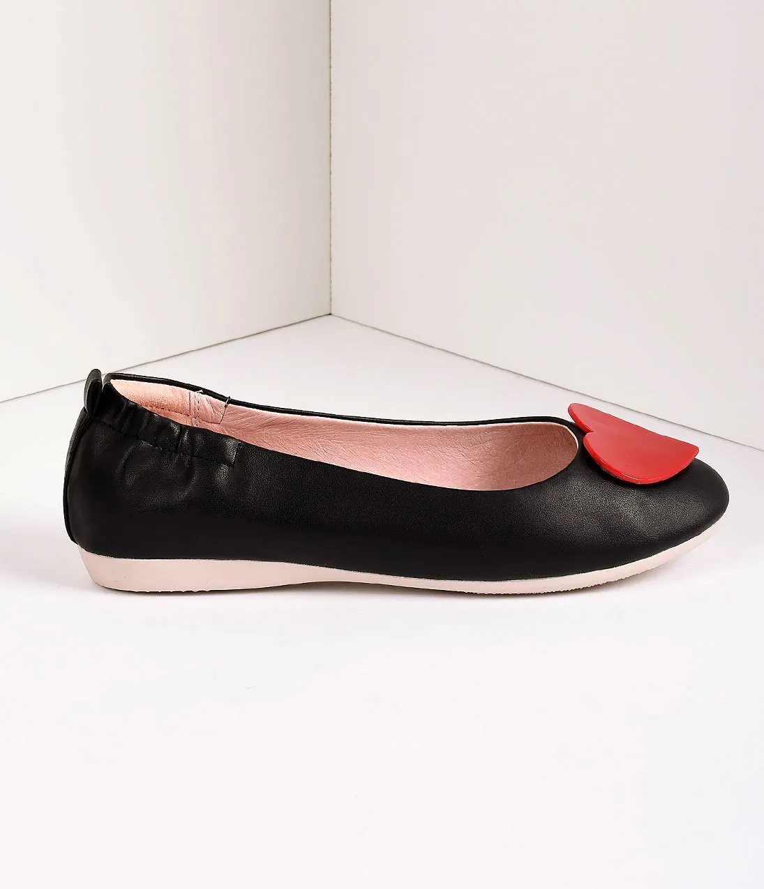 Retro Style Black Leatherette & Red Heart Ballet Flats