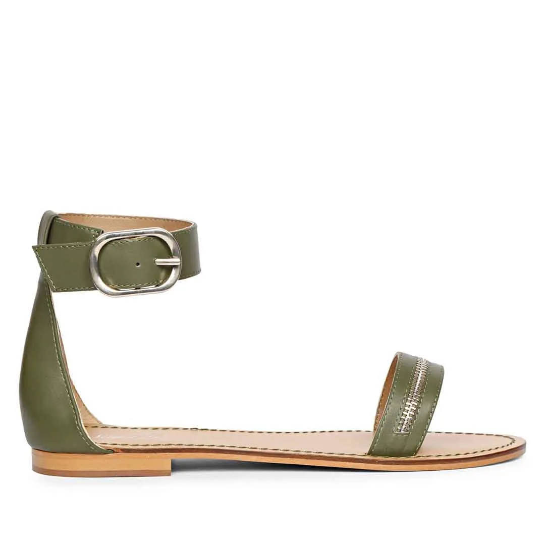 Saint Donelle Zip Decor Olive Leather Sandals