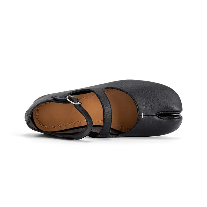 Soft Leather Ballet Flats Split Toe Double Strap Mary Jane Leather Sole in Black