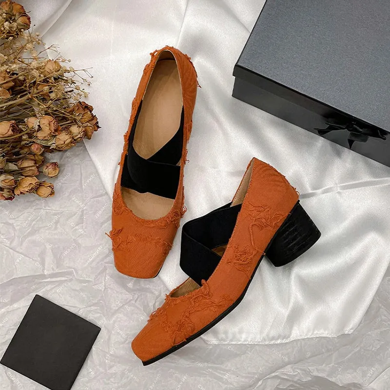 Tassels Ballet Flats with Cross-Strap Square Toe in Orange/Beige